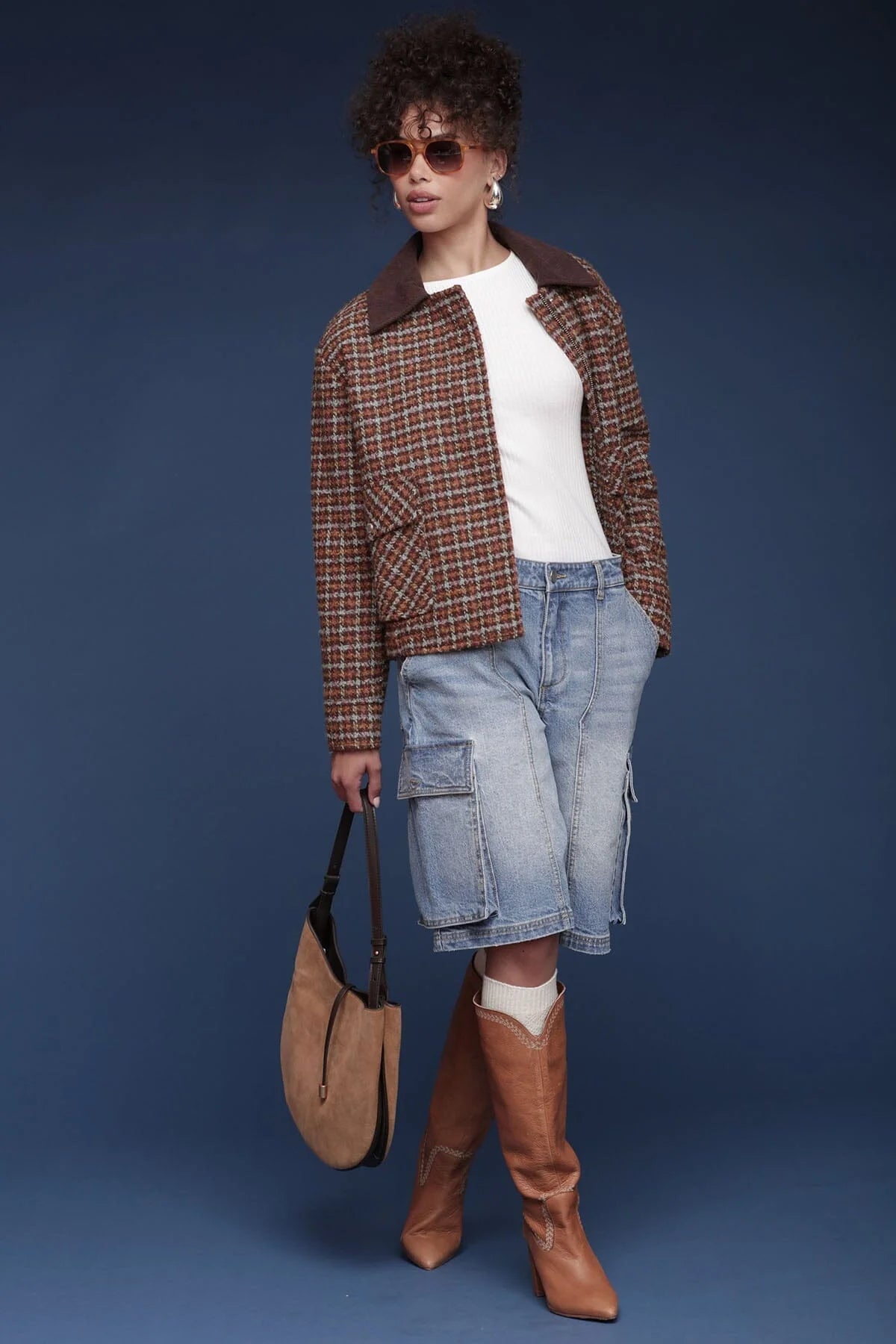 Avec Les Filles Plaid Tweed Bomber Coat