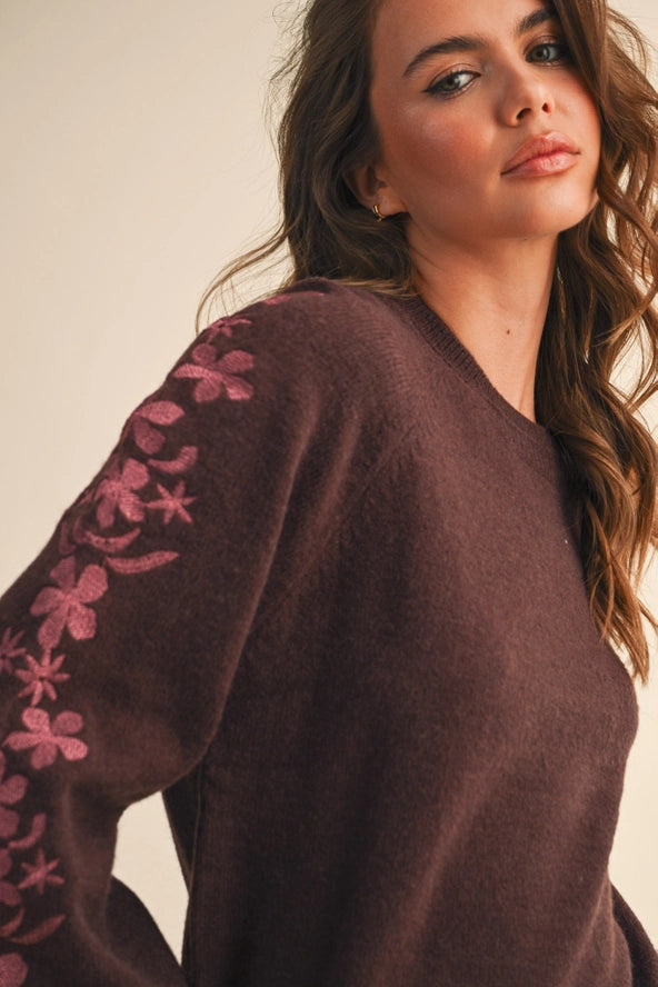 &Merci Pullover Sweater with Floral Embroidered Sleeves