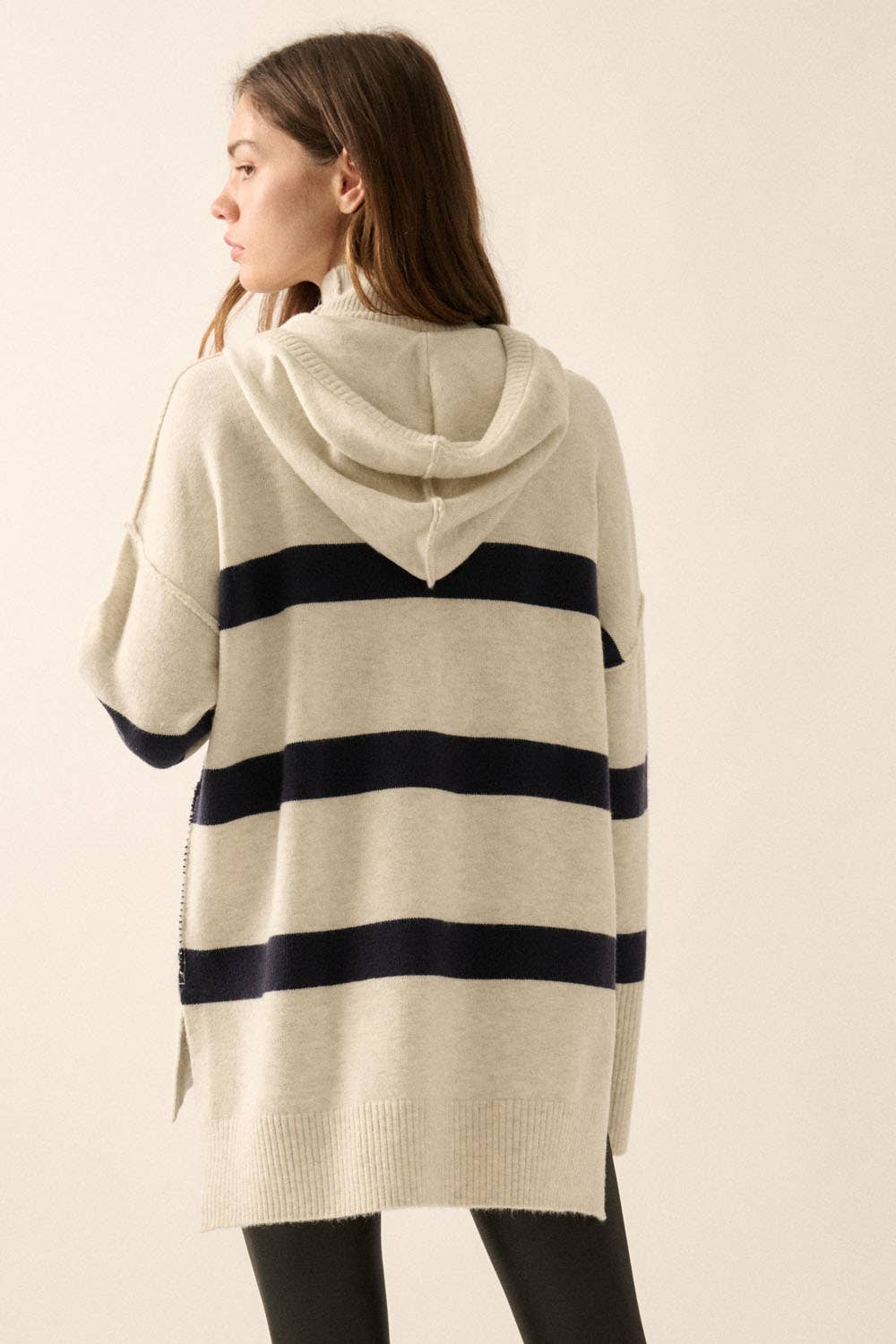 Striped Knit Hooded Mock-Neck High-Low Sweater - Luxe EQ