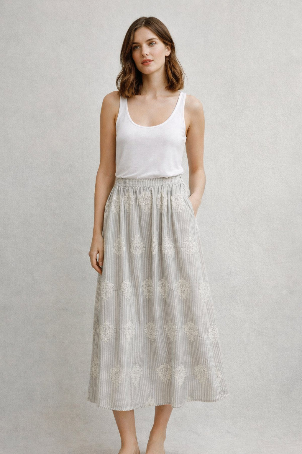 S26137111-Soft Stripe Embroidered Midi Skirt