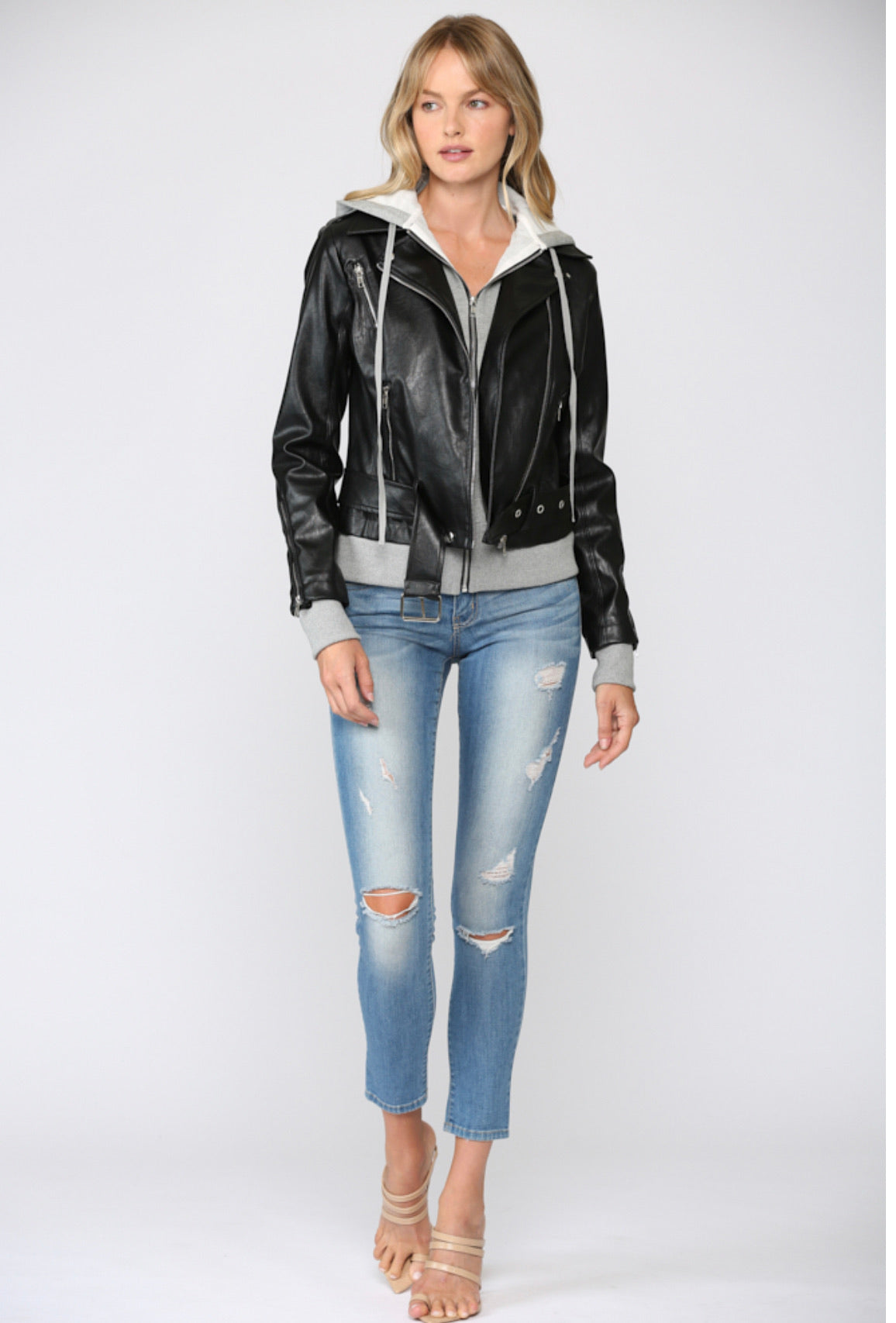 Fate Faux Leather Jacket with Knit Hoodie