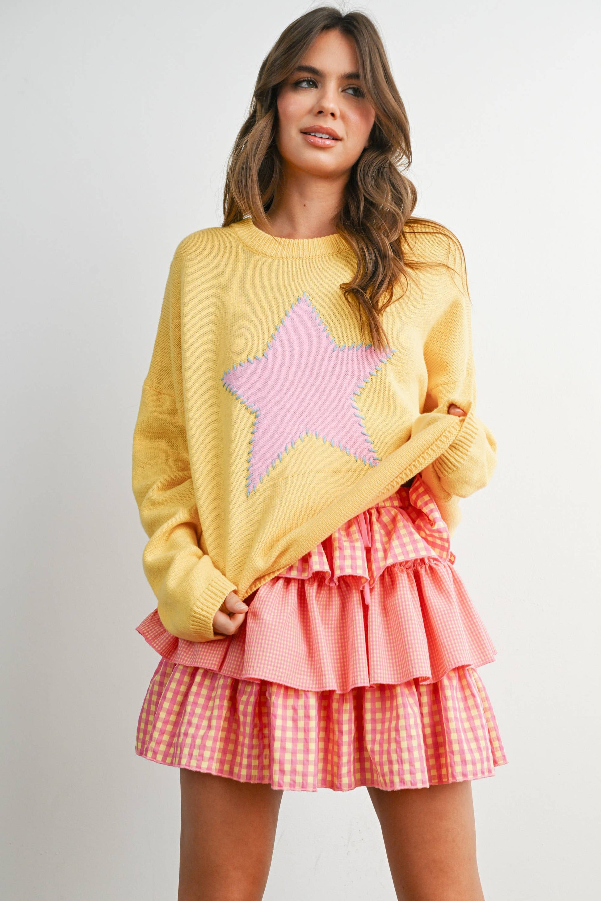 Buttermelon Drop Shoulder Star Pattern Sweater - Luxe EQ