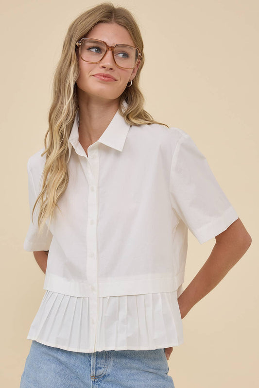Pleated Hem Short Sleeve Shirt Top - RT1242 - Luxe EQ