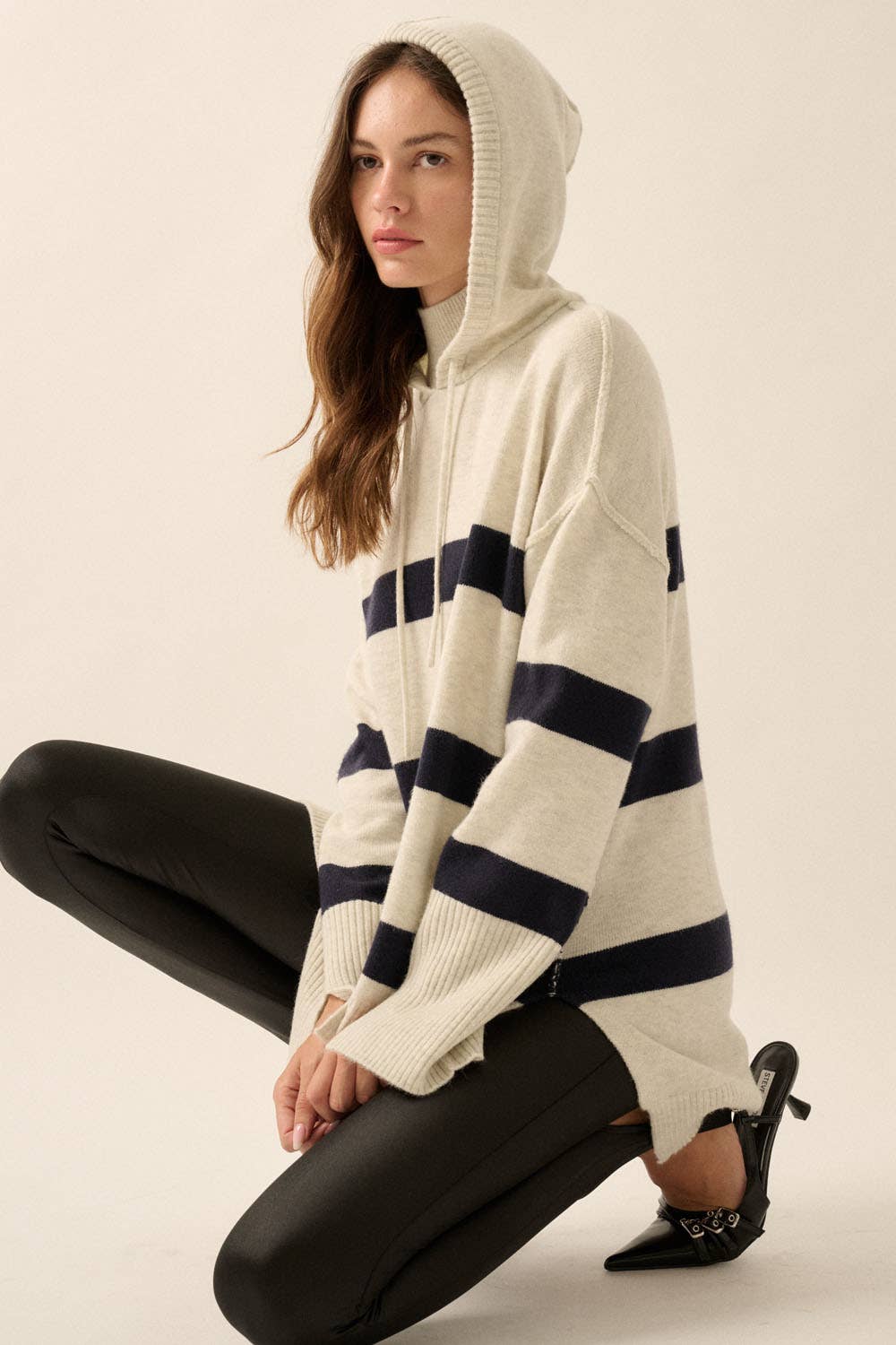 Striped Knit Hooded Mock-Neck High-Low Sweater - Luxe EQ