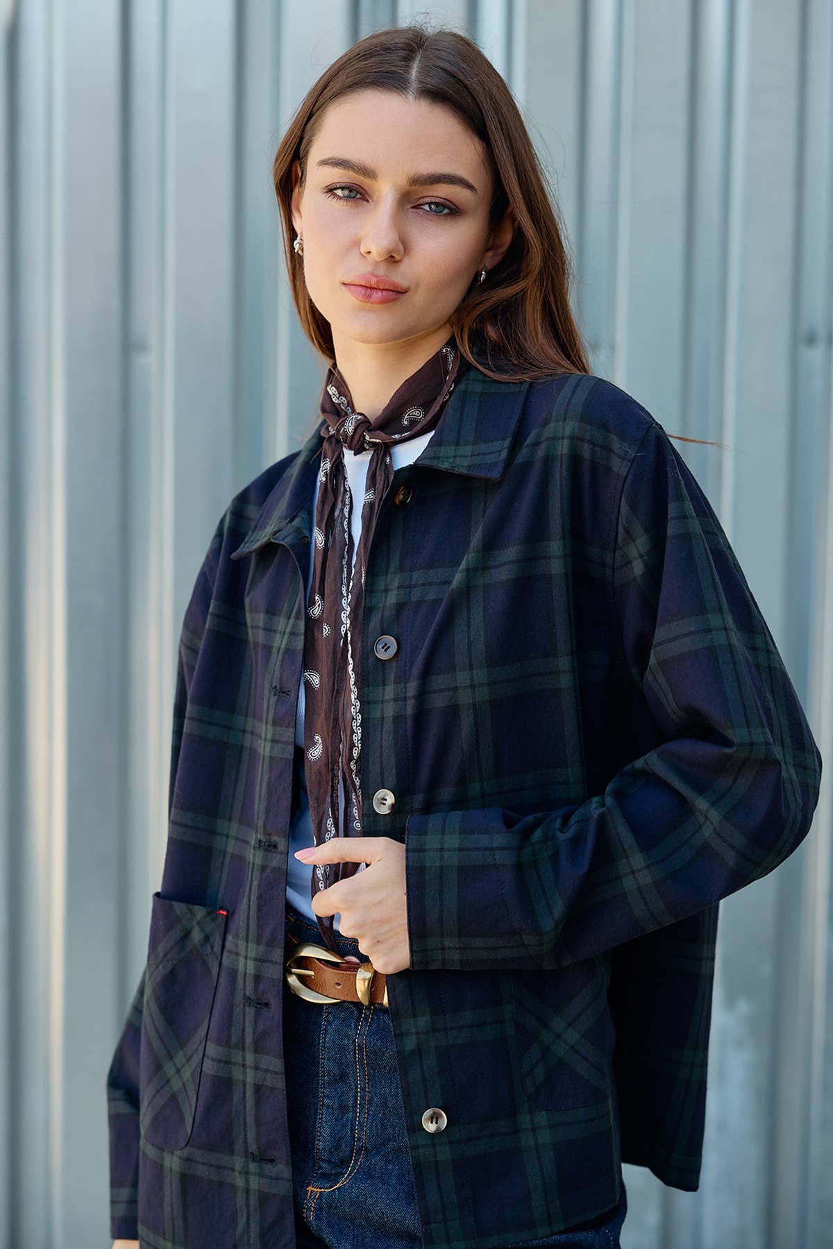 Navy Plaid Button Front Pocket Jacket - RJ1176 - Luxe EQ