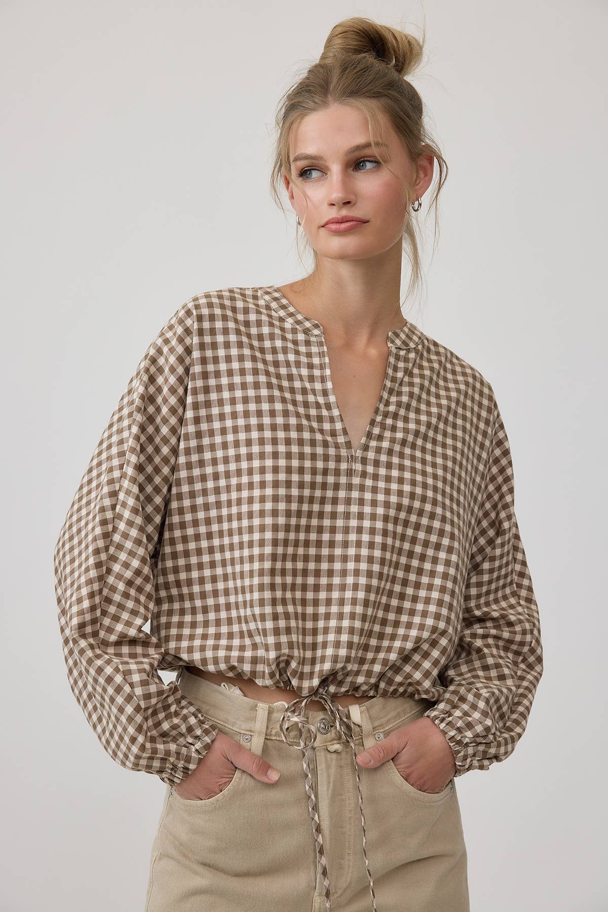Gingham Check Drawstring Blouse - RT1328