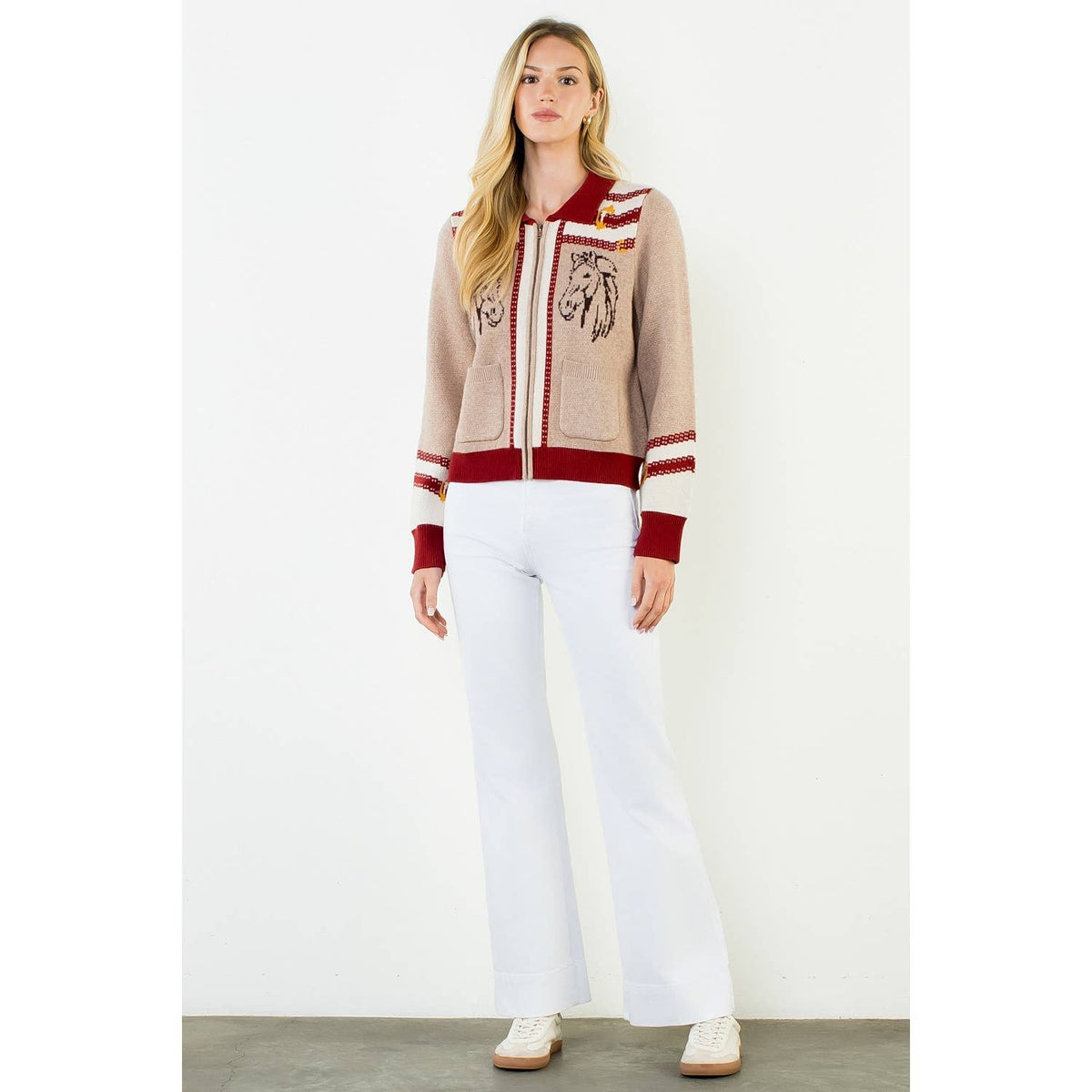 Zipper Front Horse Print Cardigan - Luxe EQ