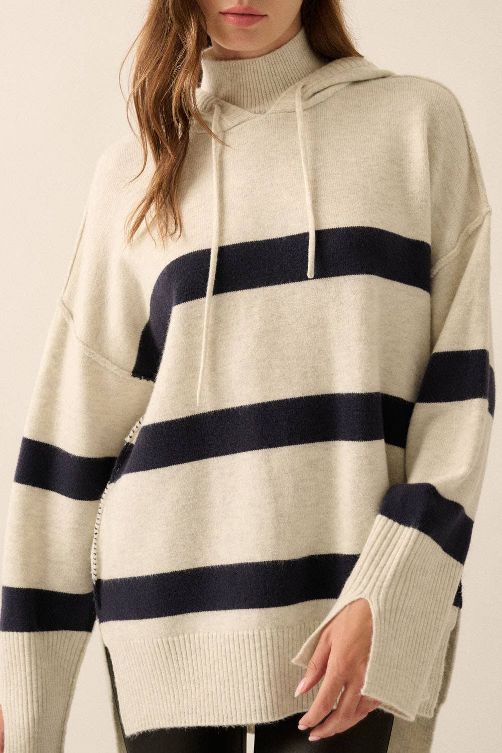 Striped Knit Hooded Mock-Neck High-Low Sweater - Luxe EQ