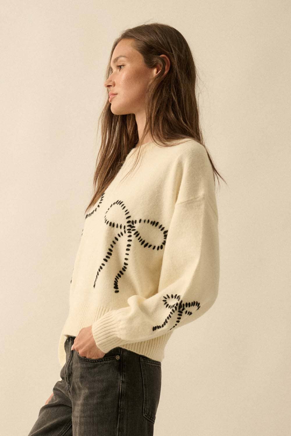 Solid Bow-Embroidered Bubble-Sleeve Sweater