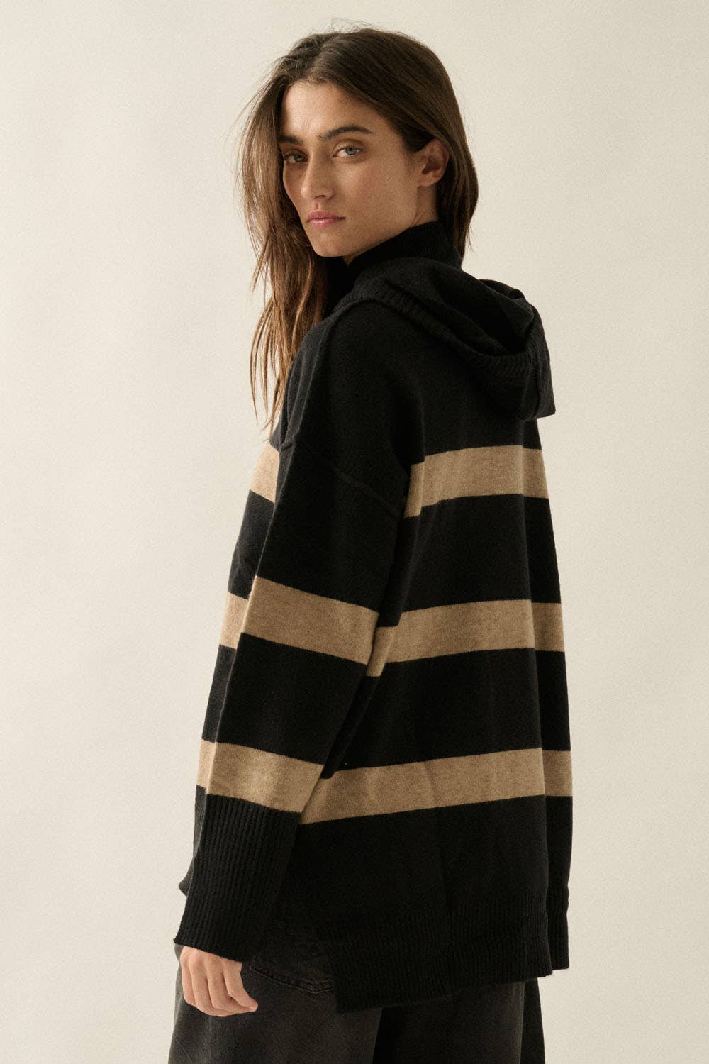 Striped Knit Hooded Mock-Neck High-Low Sweater - Luxe EQ