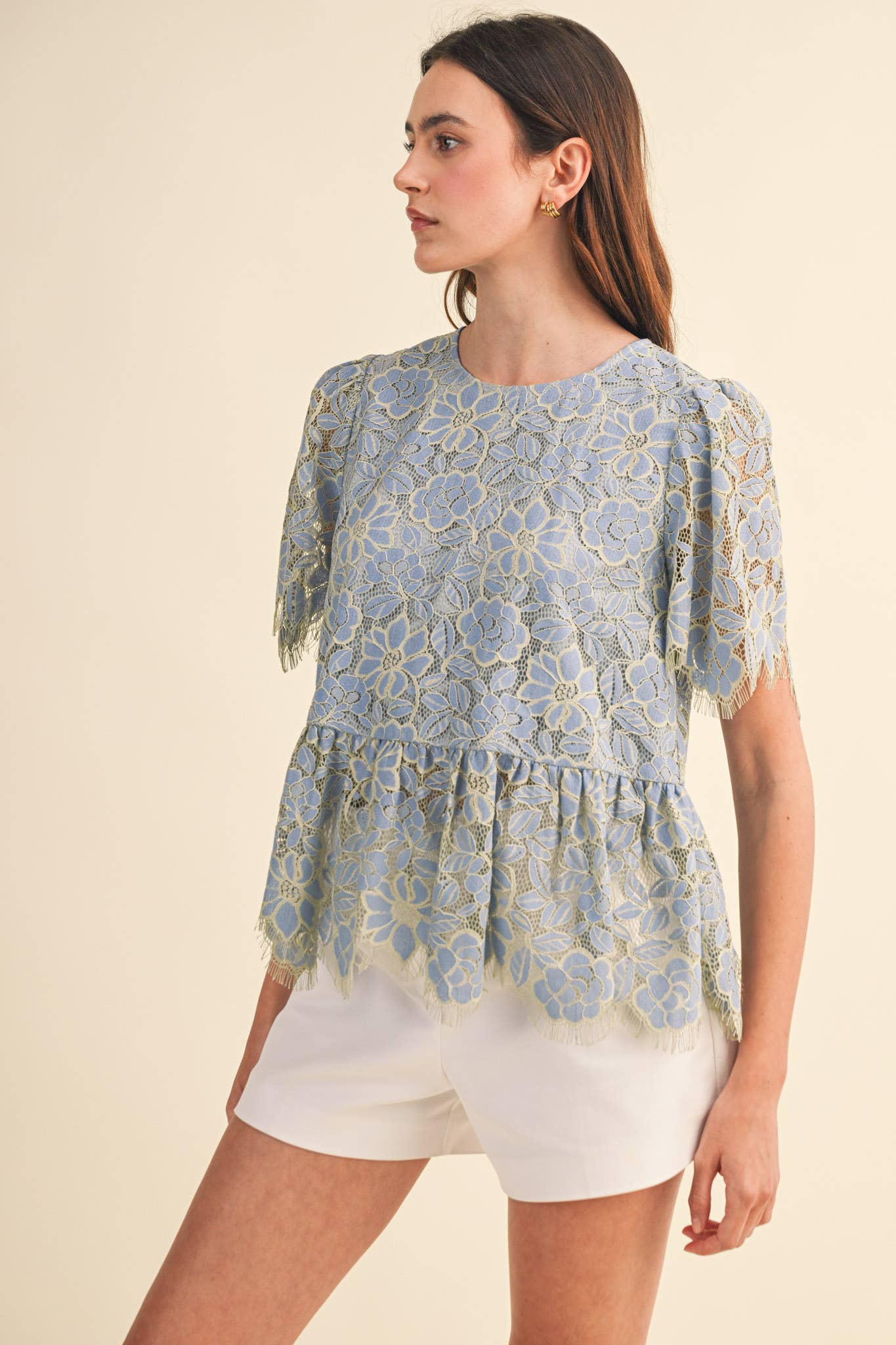 FLORAL LACE PEPLUM TOP MTP4839 - Luxe EQ