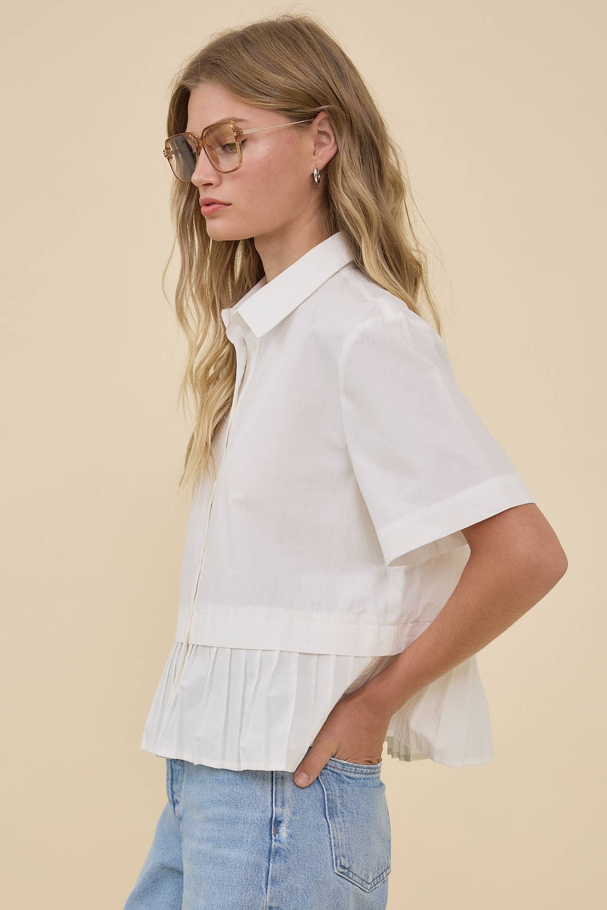 Pleated Hem Short Sleeve Shirt Top - RT1242