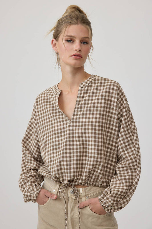 Gingham Check Drawstring Blouse - RT1328