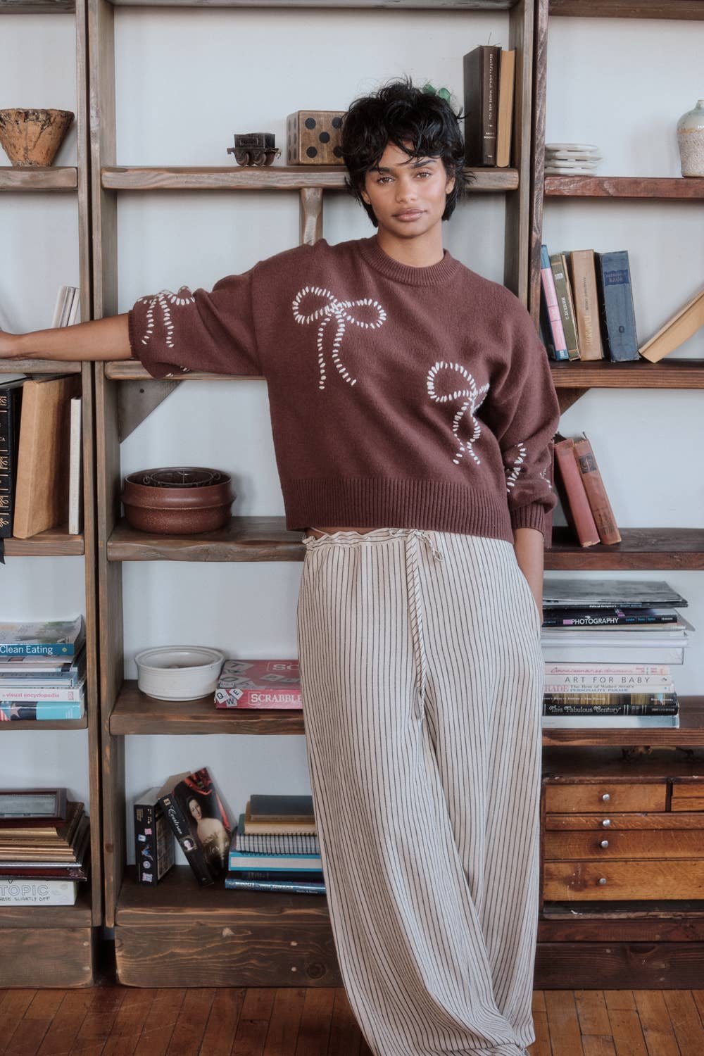 Solid Bow-Embroidered Bubble-Sleeve Sweater