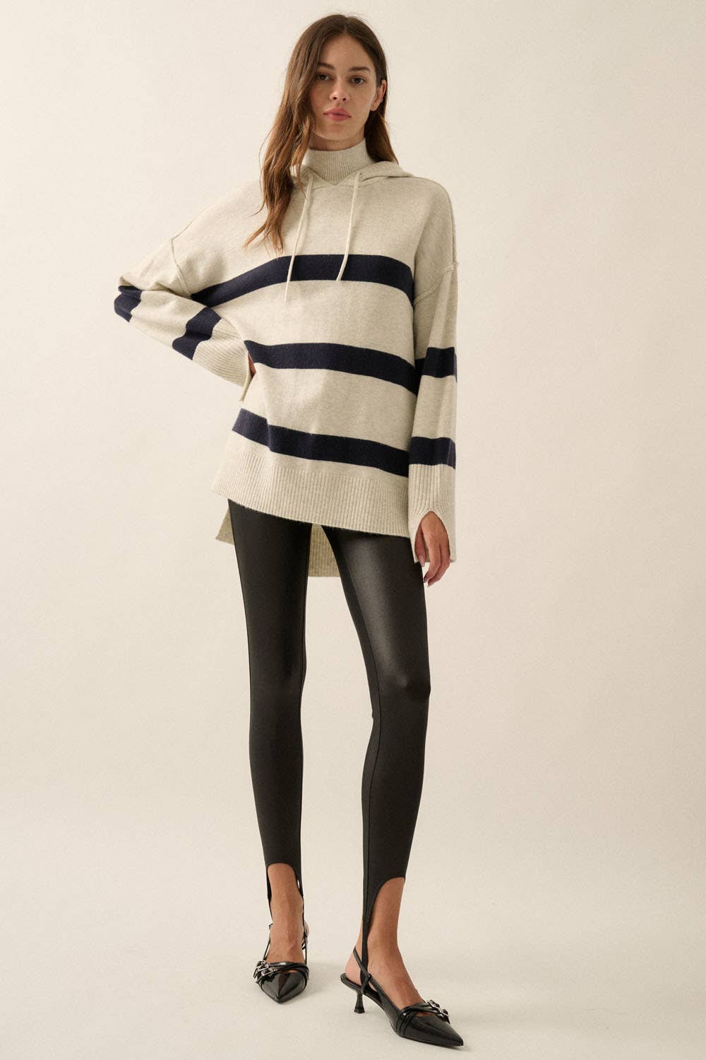 Striped Knit Hooded Mock-Neck High-Low Sweater - Luxe EQ