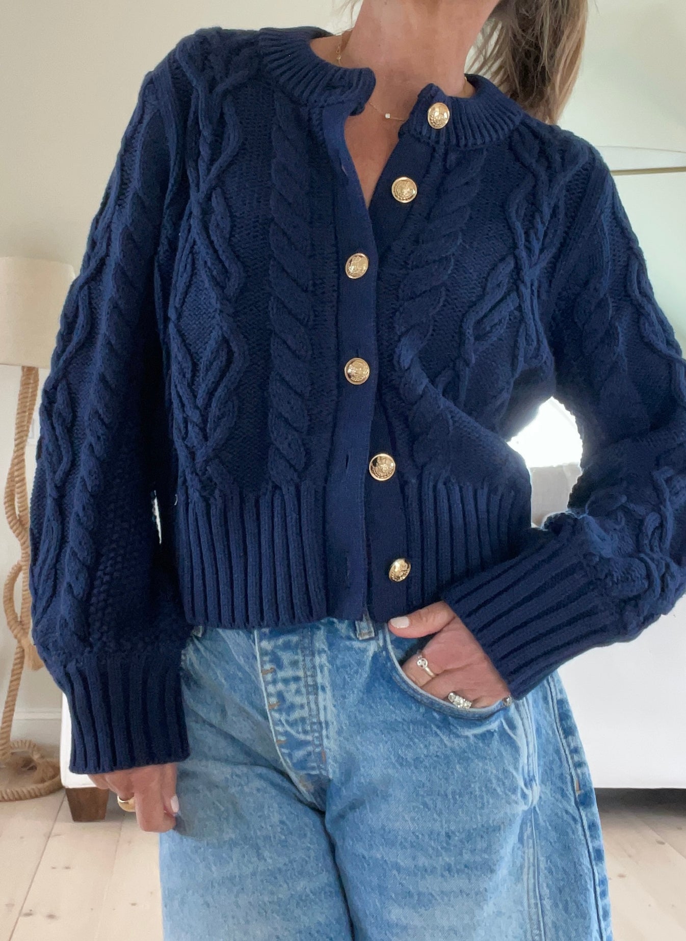 Pink Pineapple Celine Crop Cable Cardigan Navy