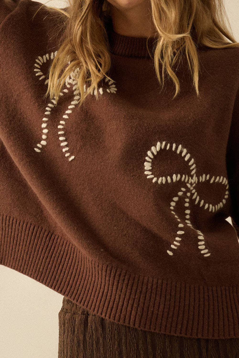 Solid Bow-Embroidered Bubble-Sleeve Sweater