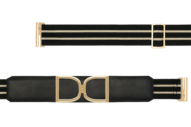 Heureux XII Icon Equestrian Belt - Gold Stirrup Buckle Black Leather w Black and Buff Striped Elastic