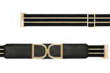 Heureux XII Icon Equestrian Belt - Gold Stirrup Buckle Black Leather w Black and Buff Striped Elastic