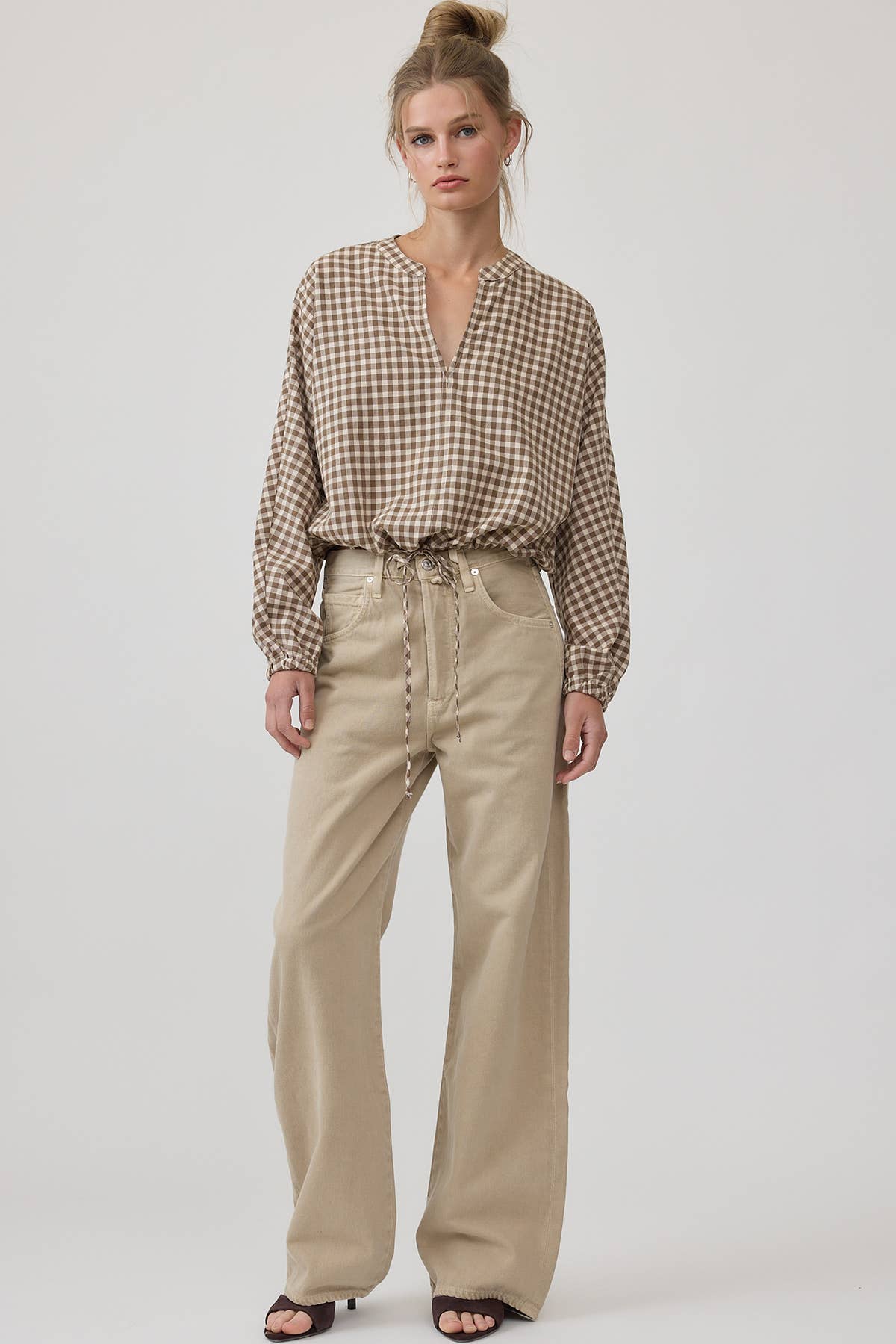 Gingham Check Drawstring Blouse - RT1328