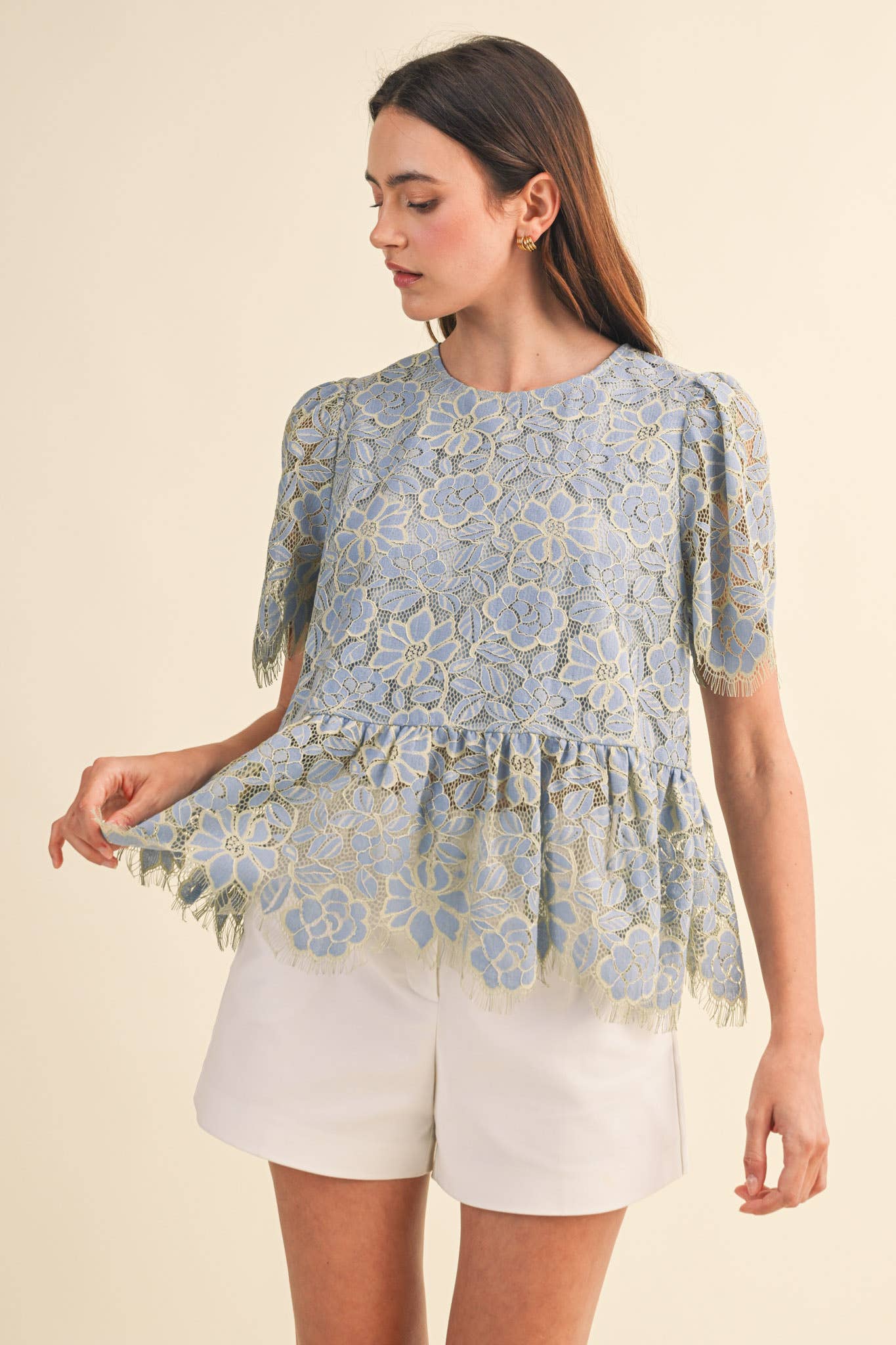 FLORAL LACE PEPLUM TOP MTP4839 - Luxe EQ