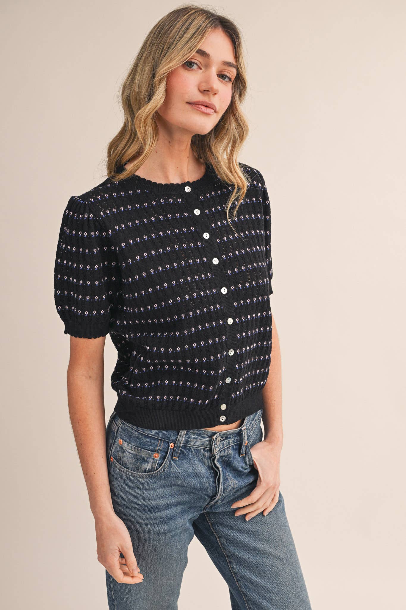 &Merci POINTELLE SHORT PUFF SLEEVE BUTTON DOWN SWEATER MSW11254 - Luxe EQ