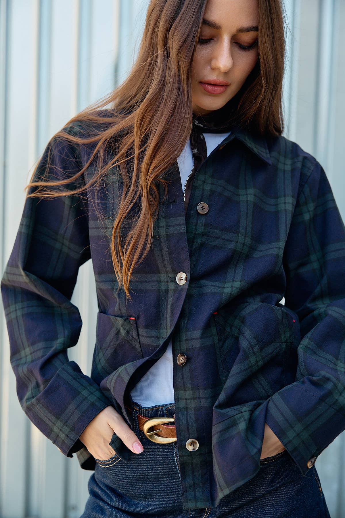 Navy Plaid Button Front Pocket Jacket - RJ1176 - Luxe EQ