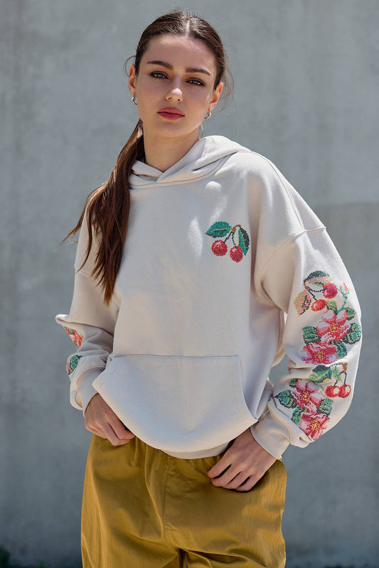 Floral Embroidery Pullover Hoodie Sweatshirt - RTK1174 - Luxe EQ