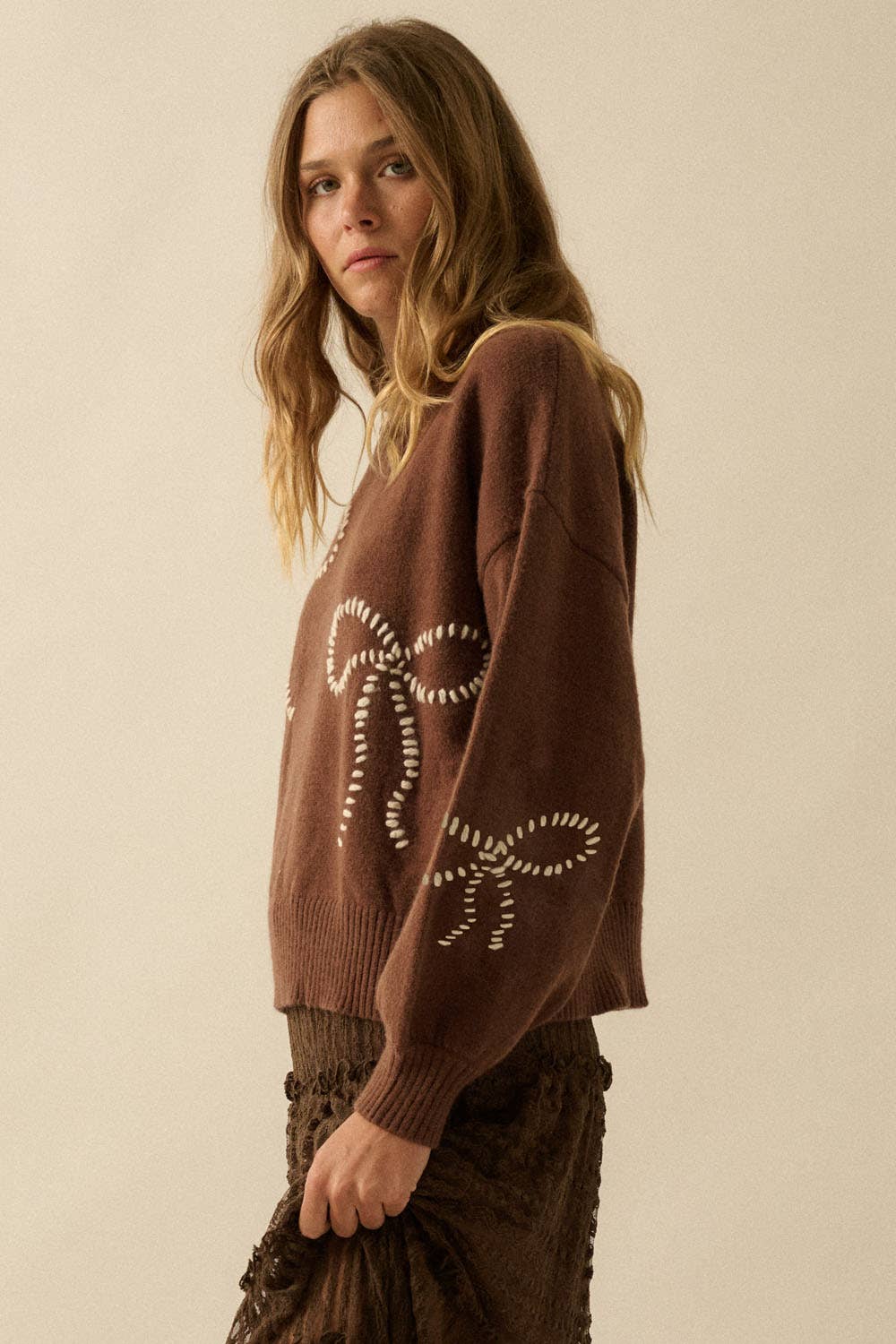 Solid Bow-Embroidered Bubble-Sleeve Sweater
