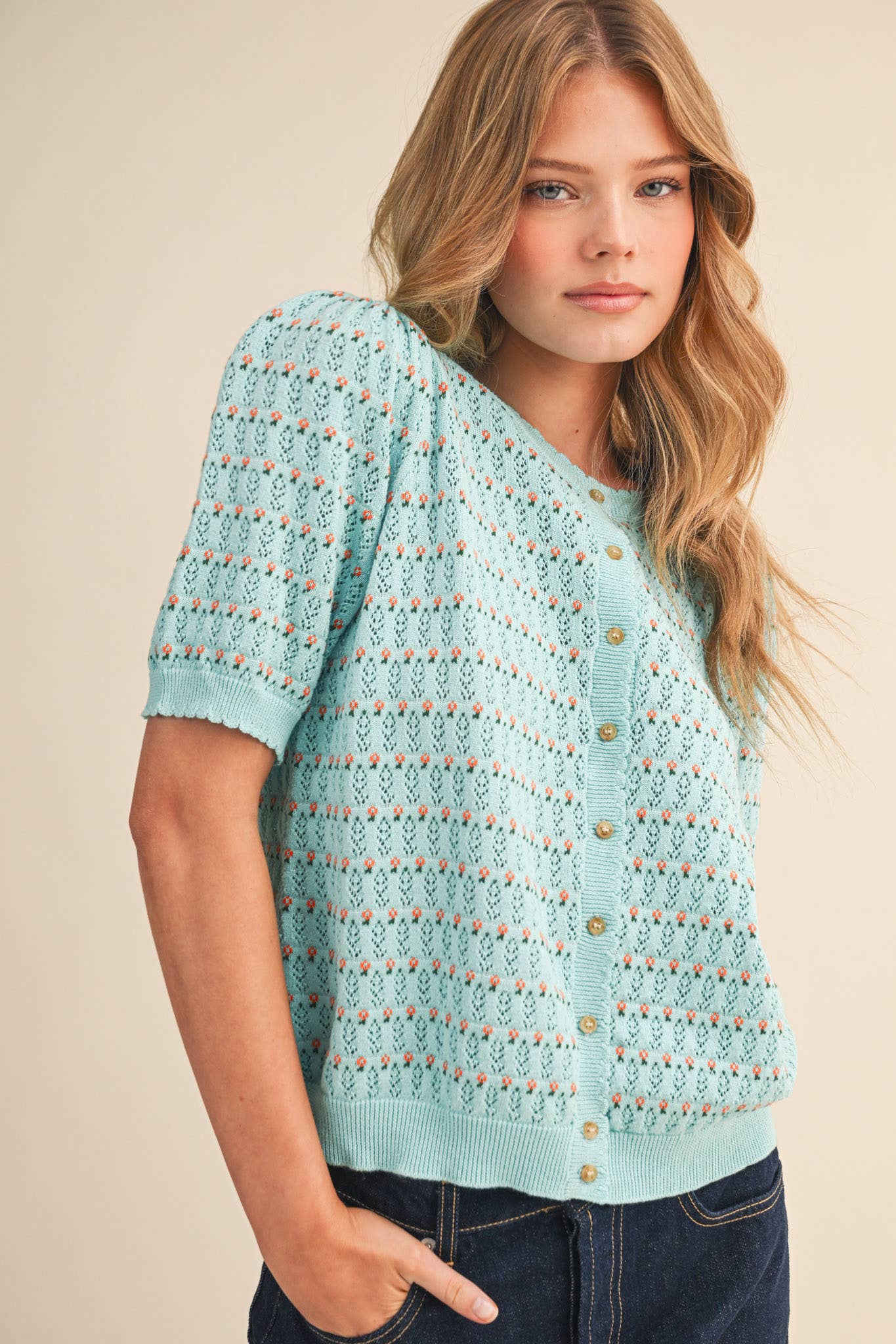 &Merci POINTELLE SHORT PUFF SLEEVE BUTTON DOWN SWEATER MSW11254 - Luxe EQ
