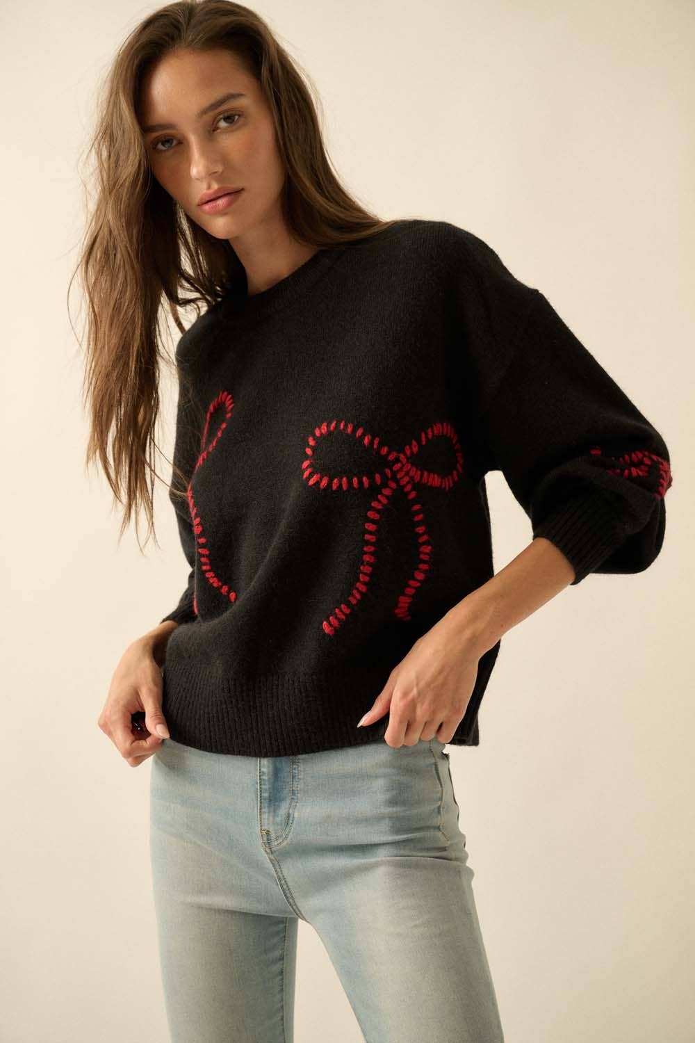 Solid Bow-Embroidered Bubble-Sleeve Sweater