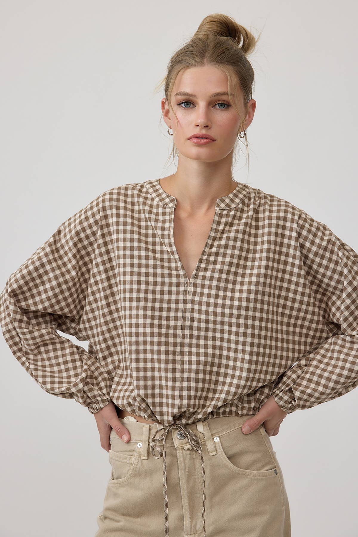 Gingham Check Drawstring Blouse - RT1328