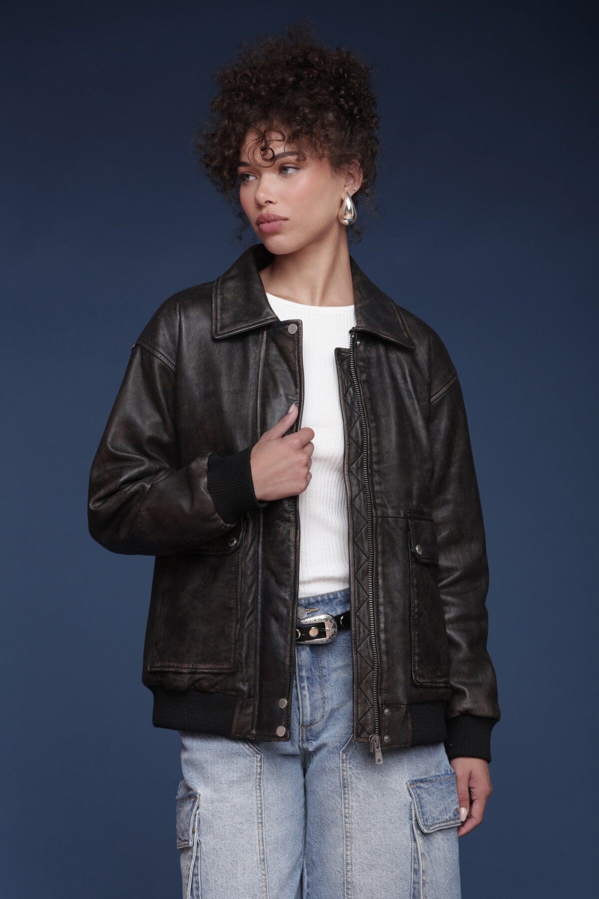 Avec Les Filles Shearling Collared Genuine Leather Coat