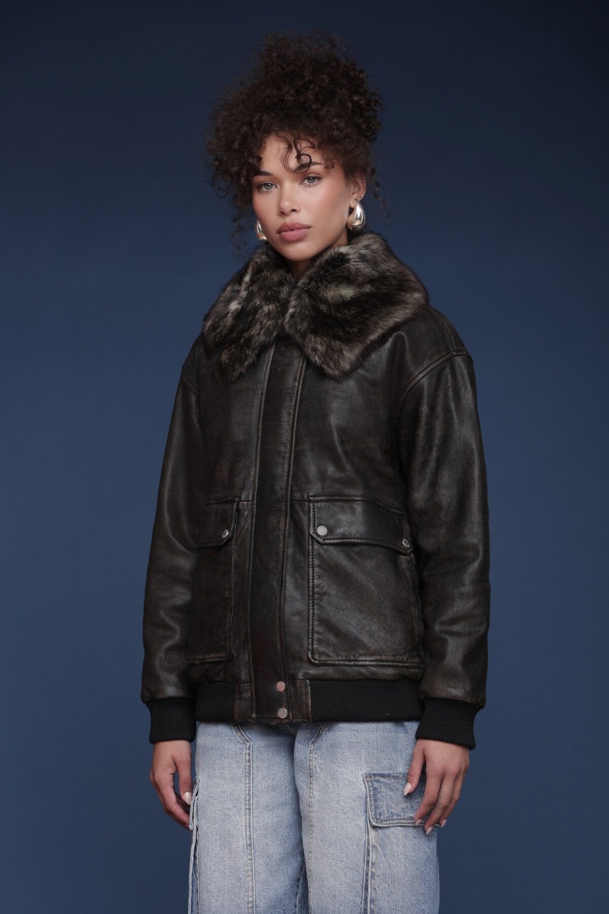 Avec Les Filles Shearling Collared Genuine Leather Coat