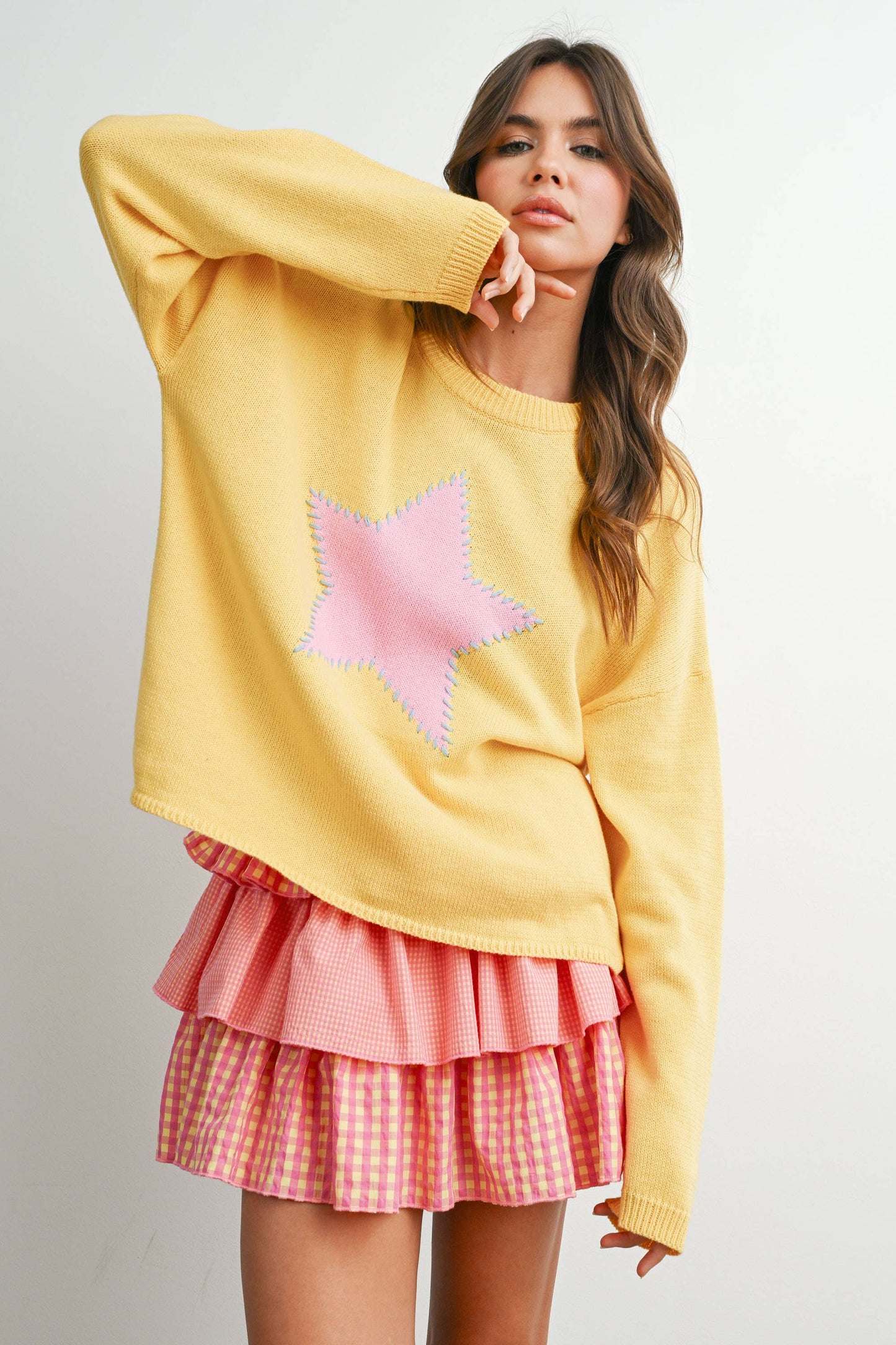 Buttermelon Drop Shoulder Star Pattern Sweater - Luxe EQ