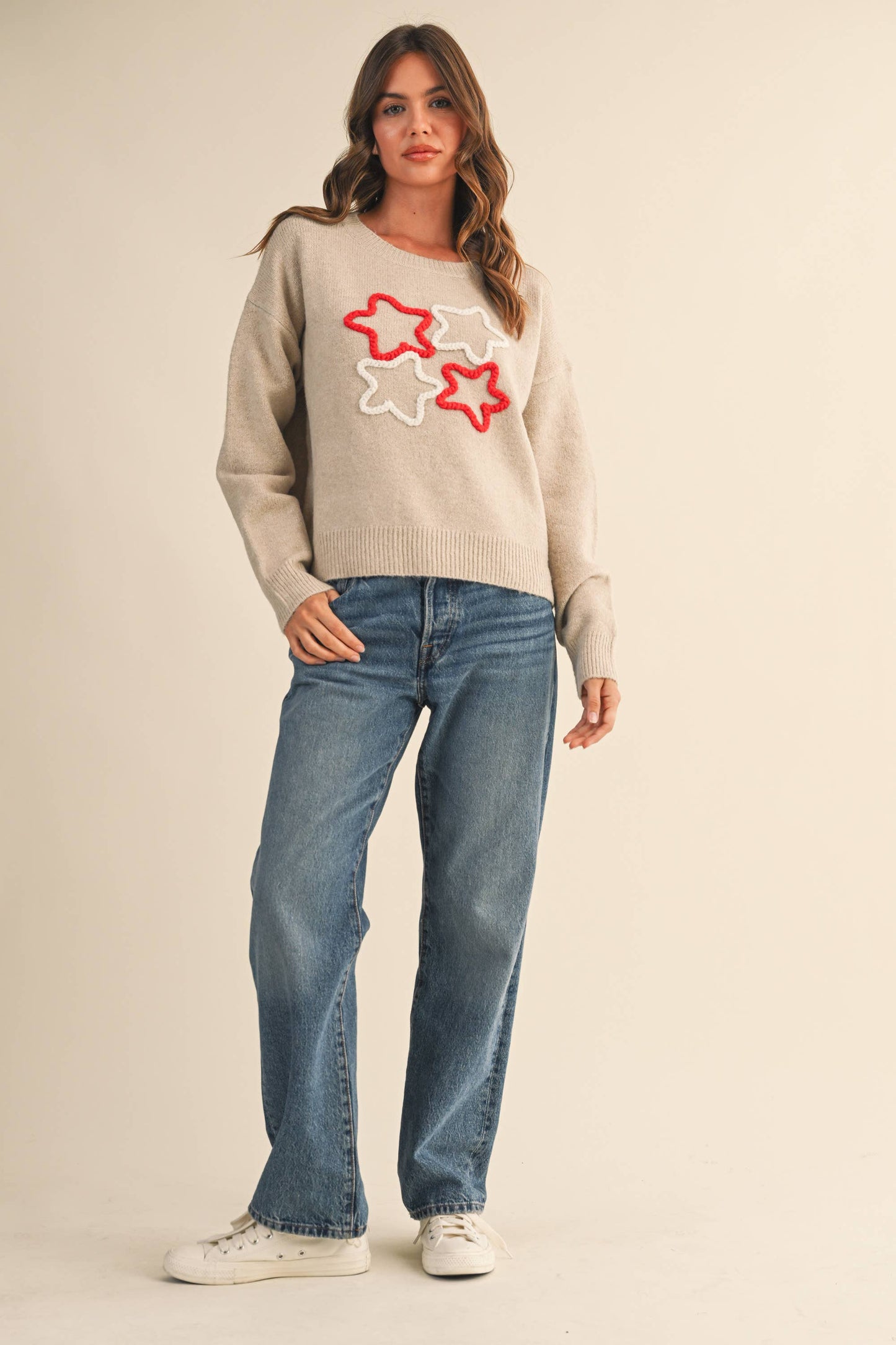 KLESIS STAR EMBROIDERED DETAIL SWEATER TOP