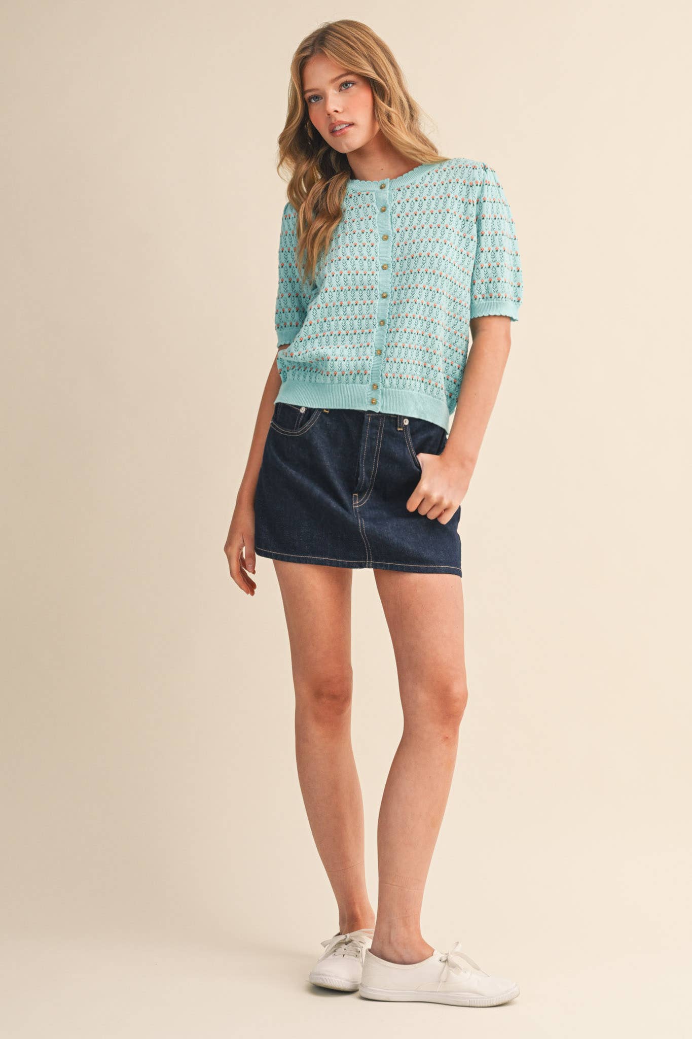 &Merci POINTELLE SHORT PUFF SLEEVE BUTTON DOWN SWEATER MSW11254 - Luxe EQ