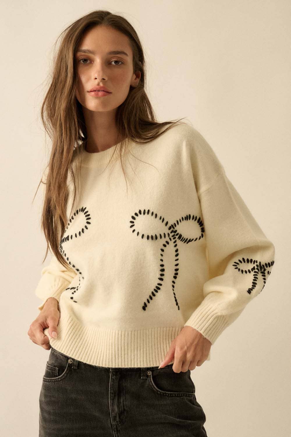 Solid Bow-Embroidered Bubble-Sleeve Sweater