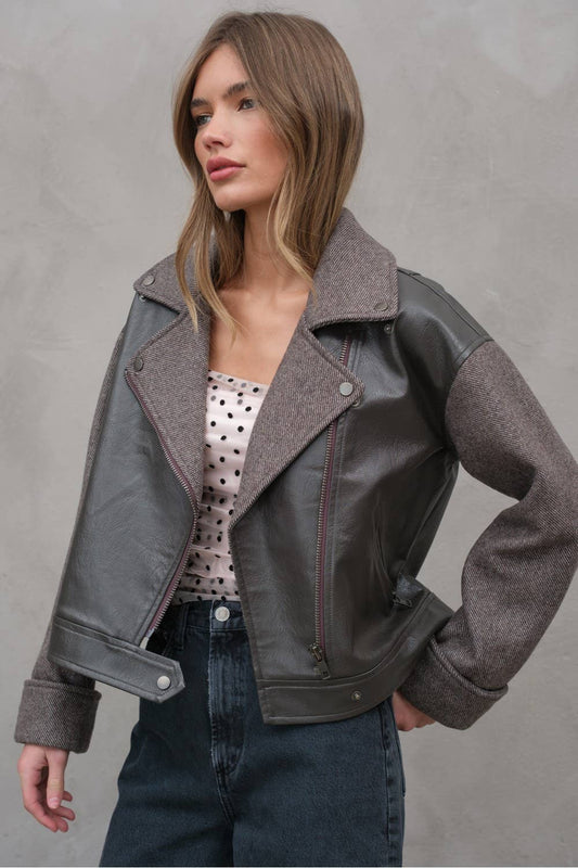 Herringbone Leather Combi Jacket - RJ1017