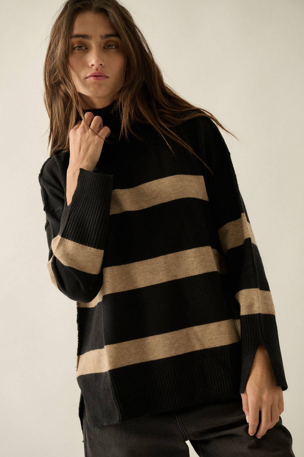 Striped Knit Hooded Mock-Neck High-Low Sweater - Luxe EQ