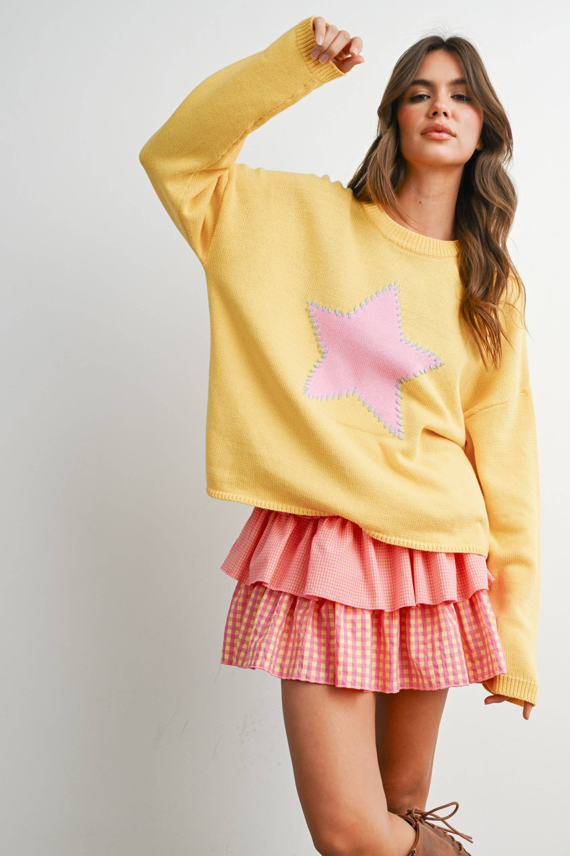Buttermelon Drop Shoulder Star Pattern Sweater - Luxe EQ