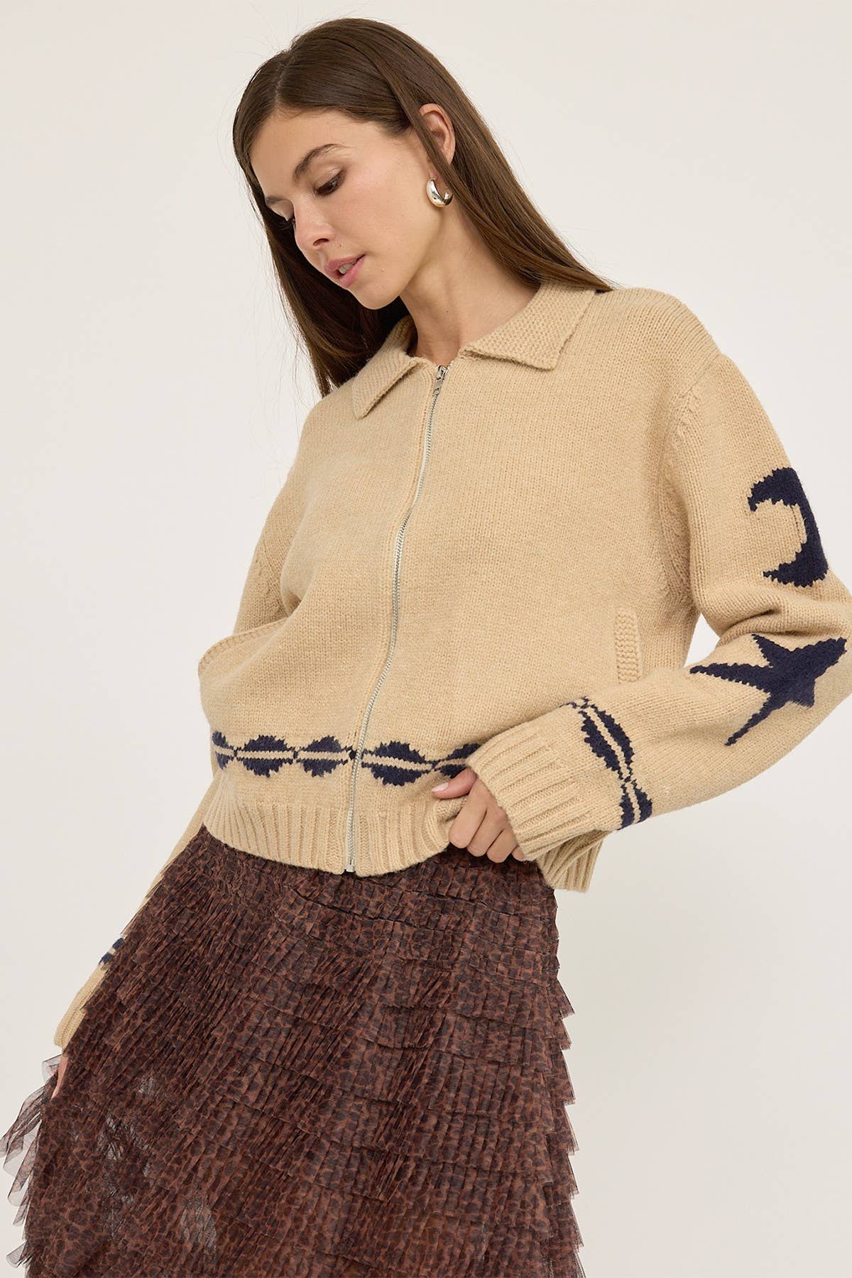 Cozy STAR AND MOON Pattern Zip Sweater Jacket-RSW1001 - Luxe EQ