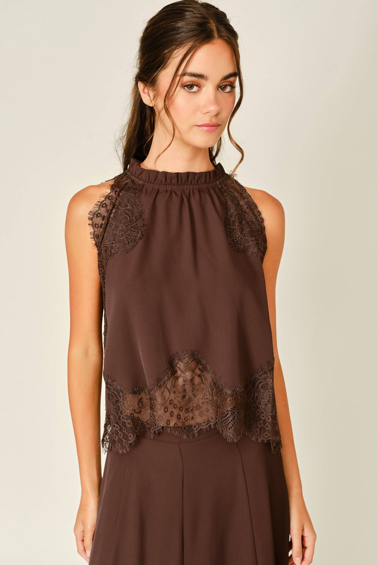 LACE TRIM RUFFLE NECK BLOUSE TOP