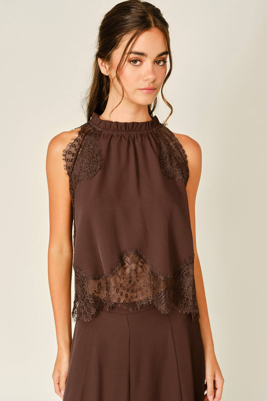 LACE TRIM RUFFLE NECK BLOUSE TOP