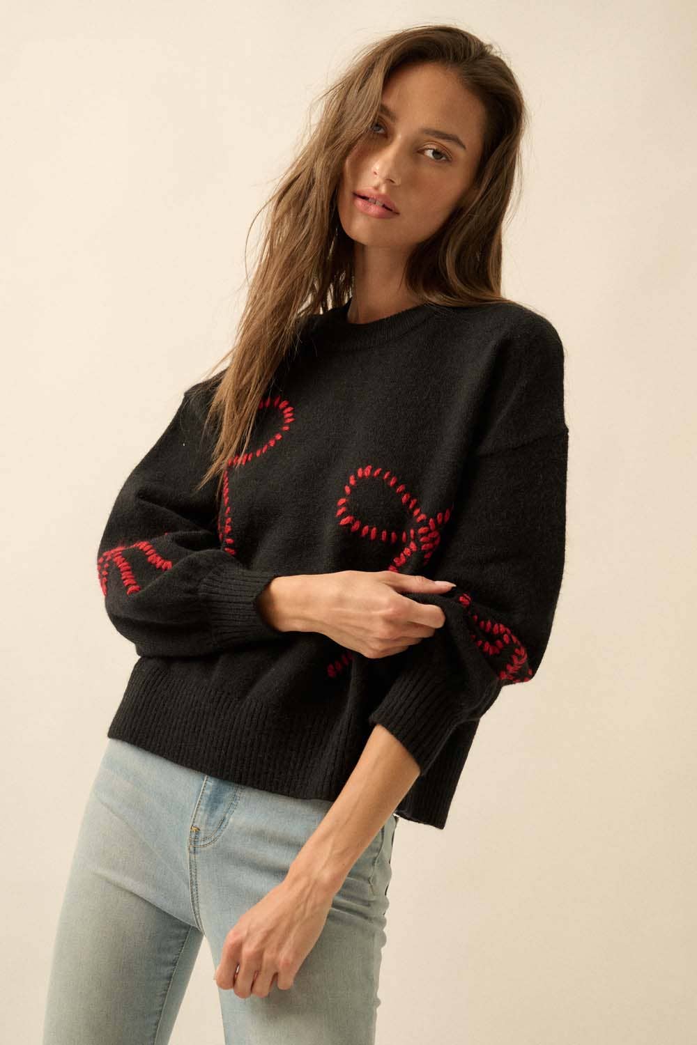 Solid Bow-Embroidered Bubble-Sleeve Sweater