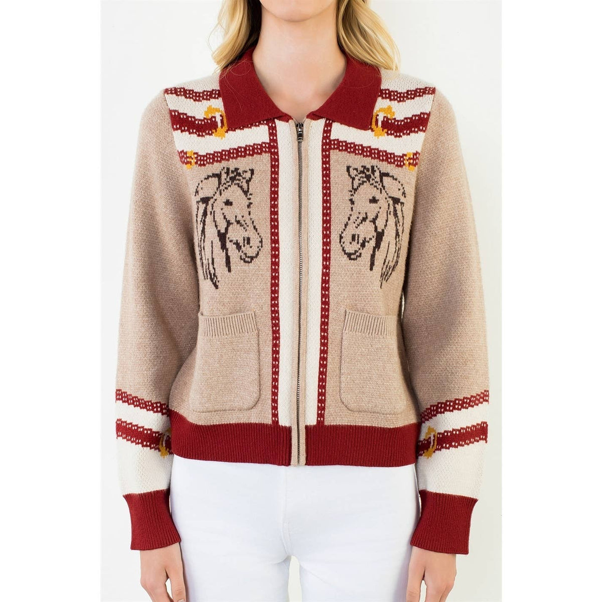 Zipper Front Horse Print Cardigan - Luxe EQ