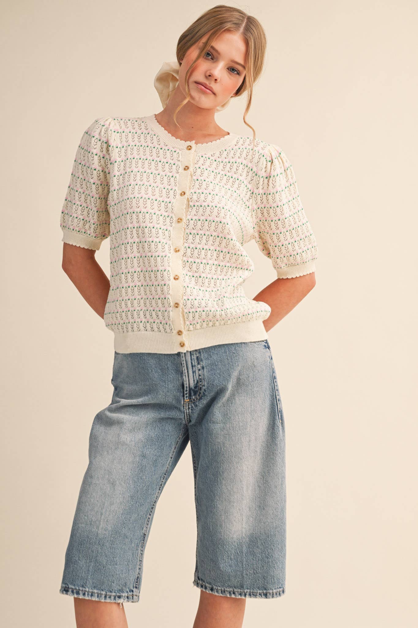 &Merci POINTELLE SHORT PUFF SLEEVE BUTTON DOWN SWEATER MSW11254 - Luxe EQ