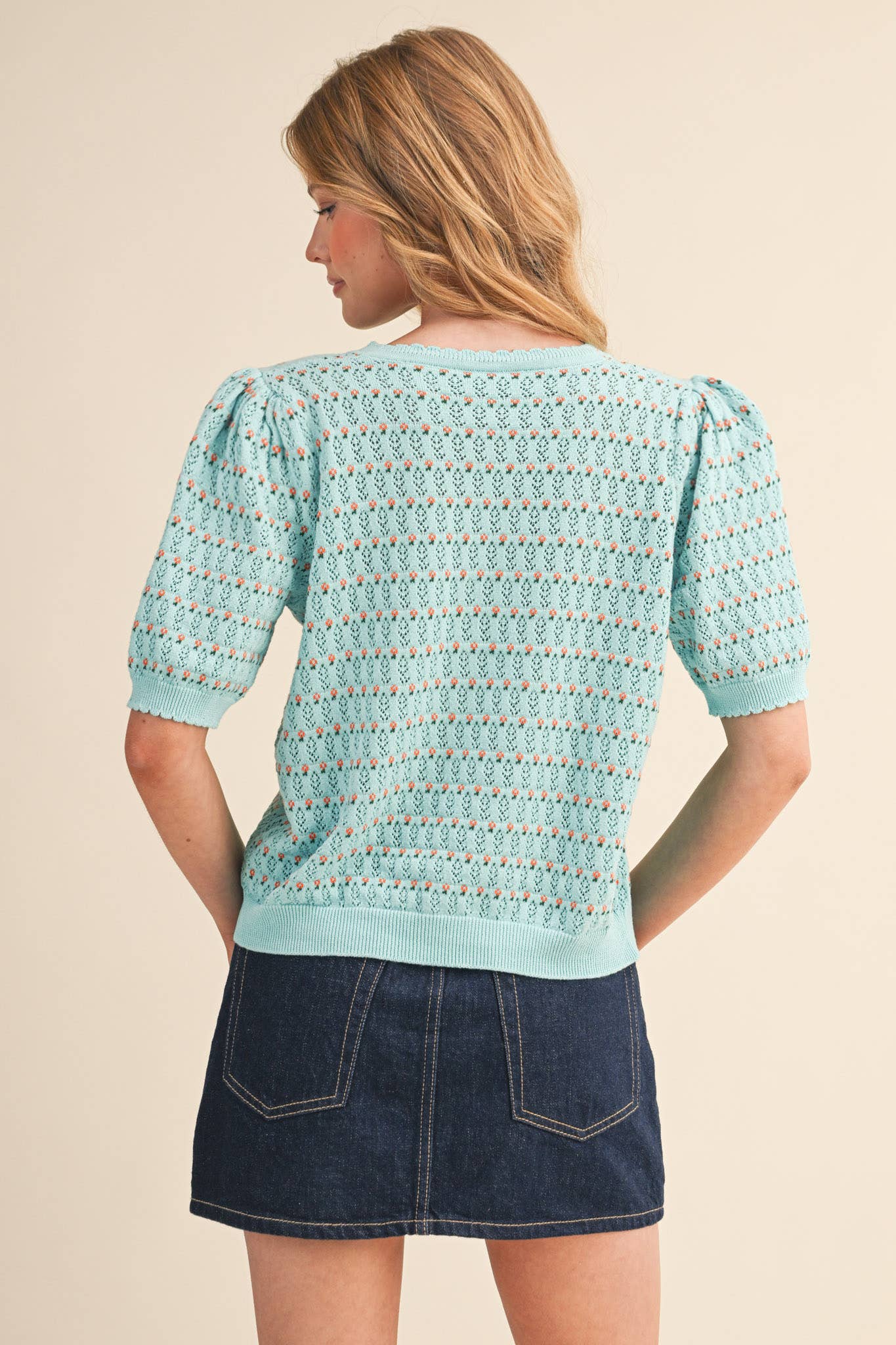 &Merci POINTELLE SHORT PUFF SLEEVE BUTTON DOWN SWEATER MSW11254 - Luxe EQ