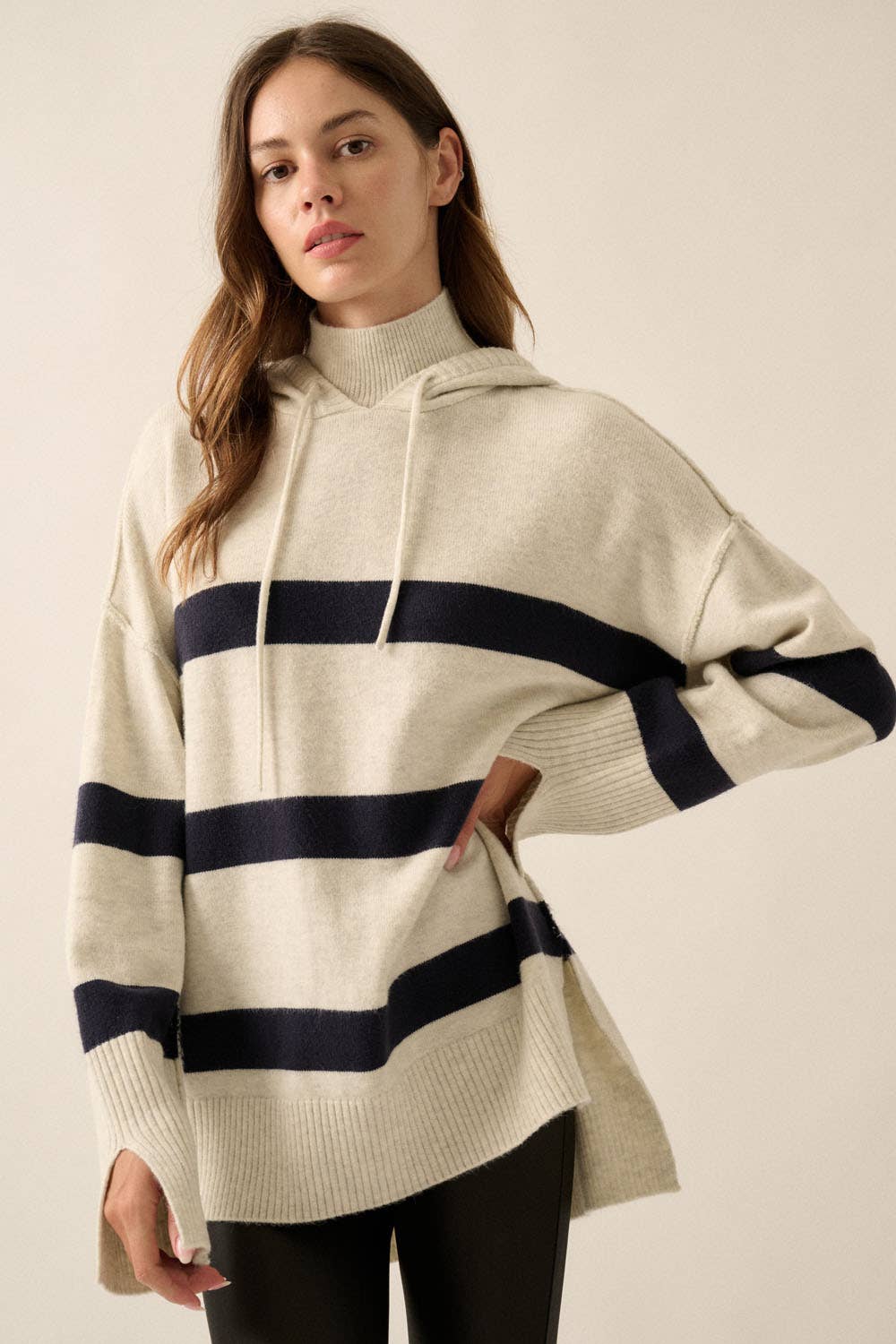 Striped Knit Hooded Mock-Neck High-Low Sweater - Luxe EQ