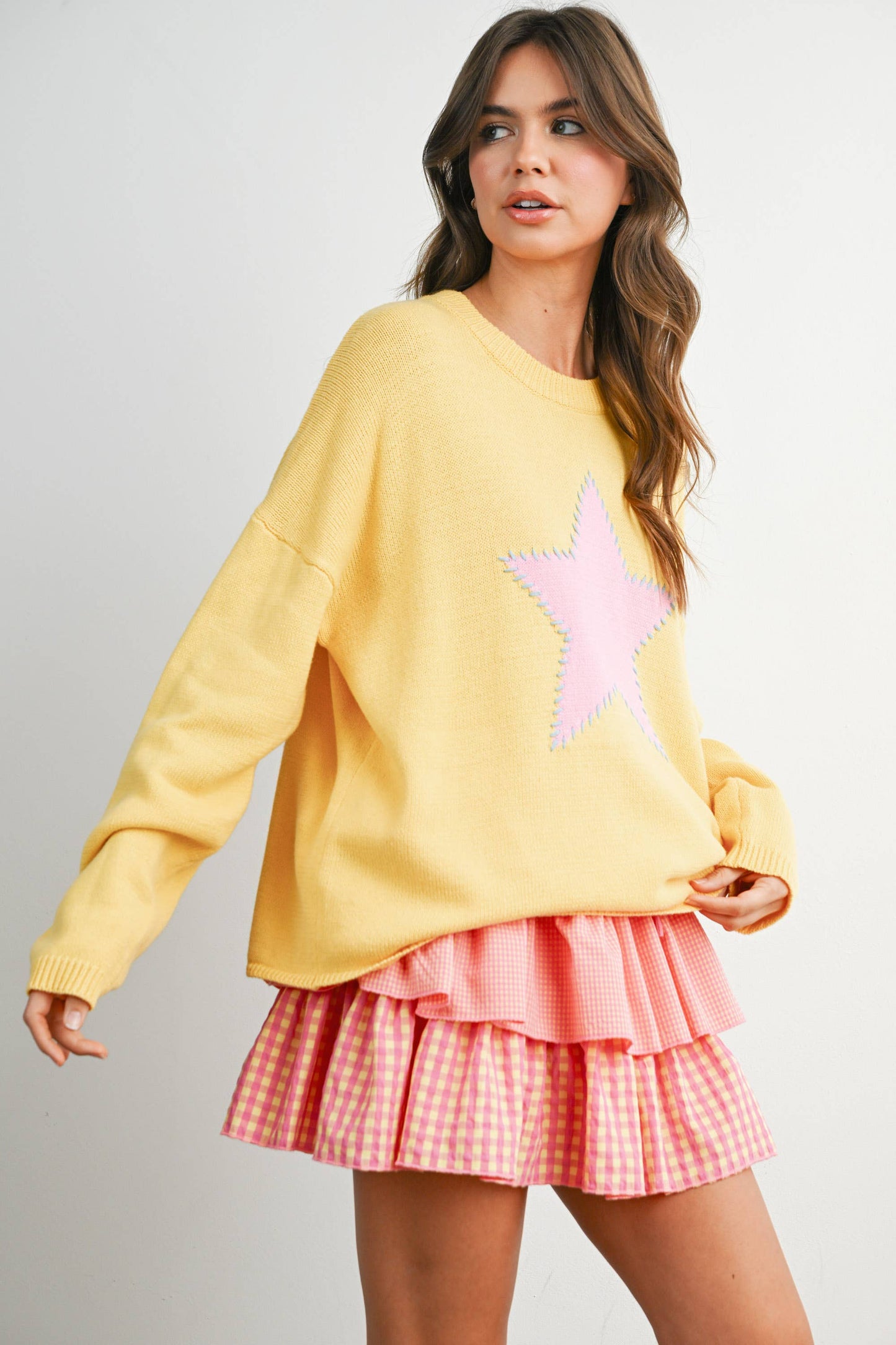 Buttermelon Drop Shoulder Star Pattern Sweater - Luxe EQ